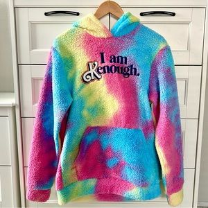 Barbie The Movie Official I Am Kenough Unisex Rainbow Tie Dye Faux Sherpa Hoodie